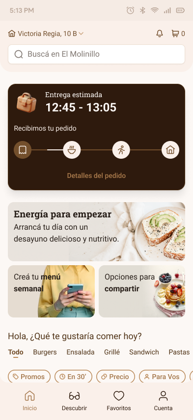 El Molinillo default home screen showing the main menu categories and time-aware banner